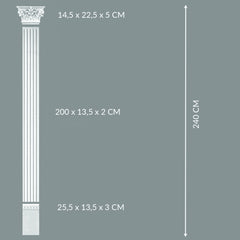 Lesena decorativa in stile corinzio a parete, pilastro colonna piatta romana, greca, in poliuretano robusto | Altezza totale 240cm