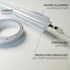 Nastro adesivo riflettente in alluminio - 10 metri x 2cm di larghezza. Evita traslucidità nelle cornici(serie KH) con strisce led a soffitto e parete