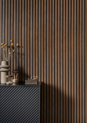 Pannelli decorativi 3D effetto legno rovere a lamelle doghe, boiserie per rivestimento pareti da interno| MEDIO - Rovere Scuro | Lunghezza 2,7 metri o 2 metri | Pannelli acustici componibili in duropolimero