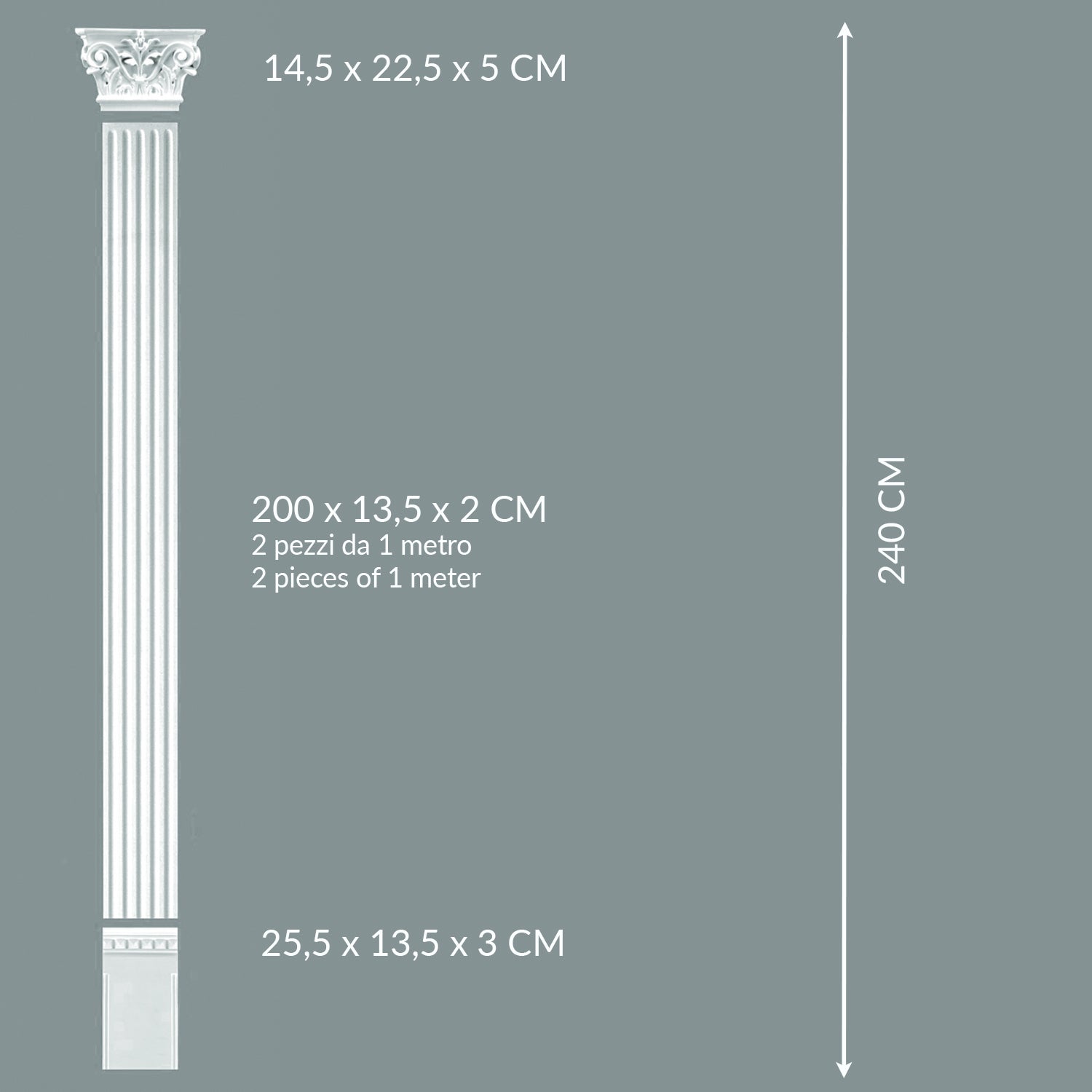Lesena decorativa in stile corinzio a parete,  pilastro colonna piatta romana, greca, in poliuretano robusto | Altezza totale 240cm
