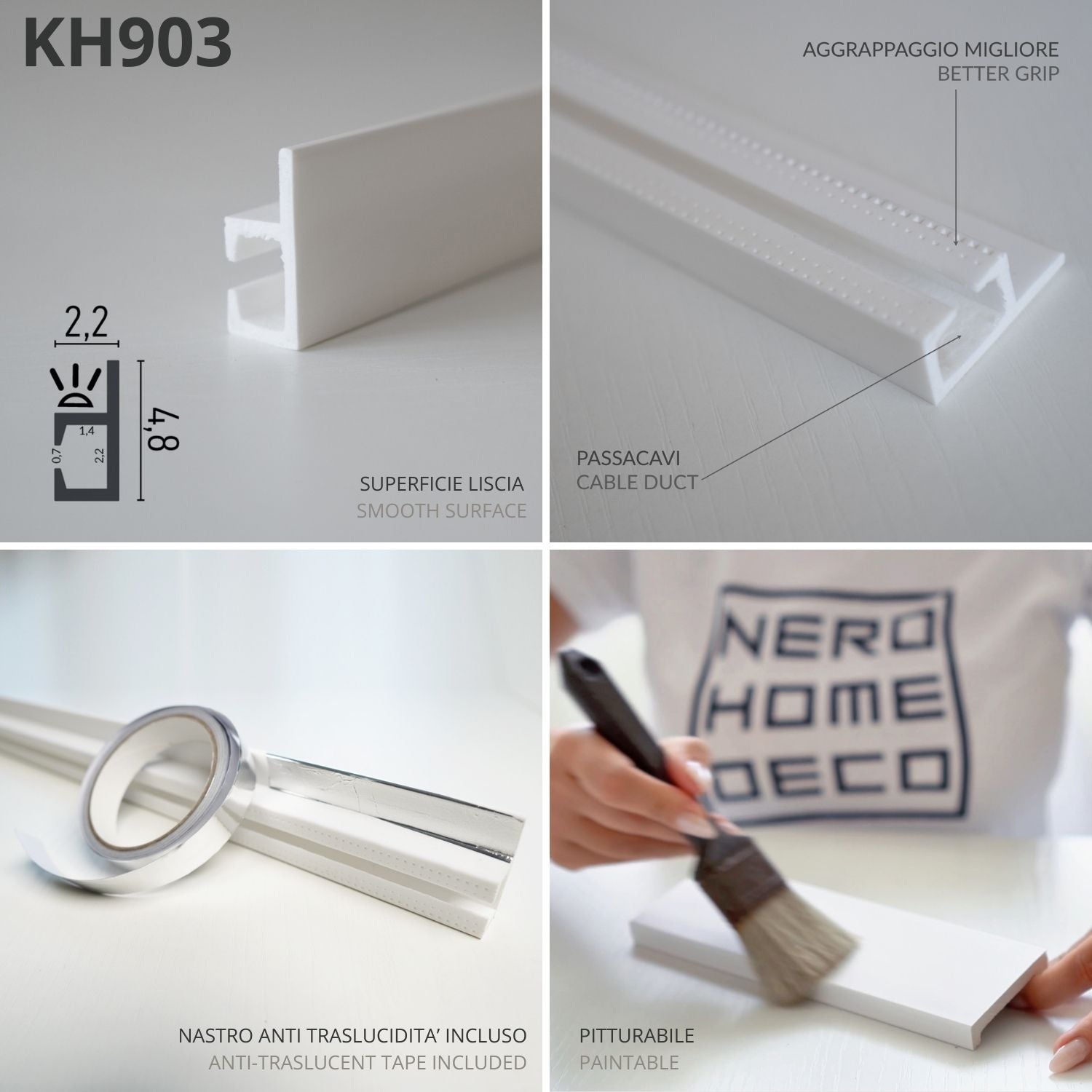 KH903 da 2 metri - Cornici velette per led a soffitto e parete, per illuminazione indiretta con le strisce led