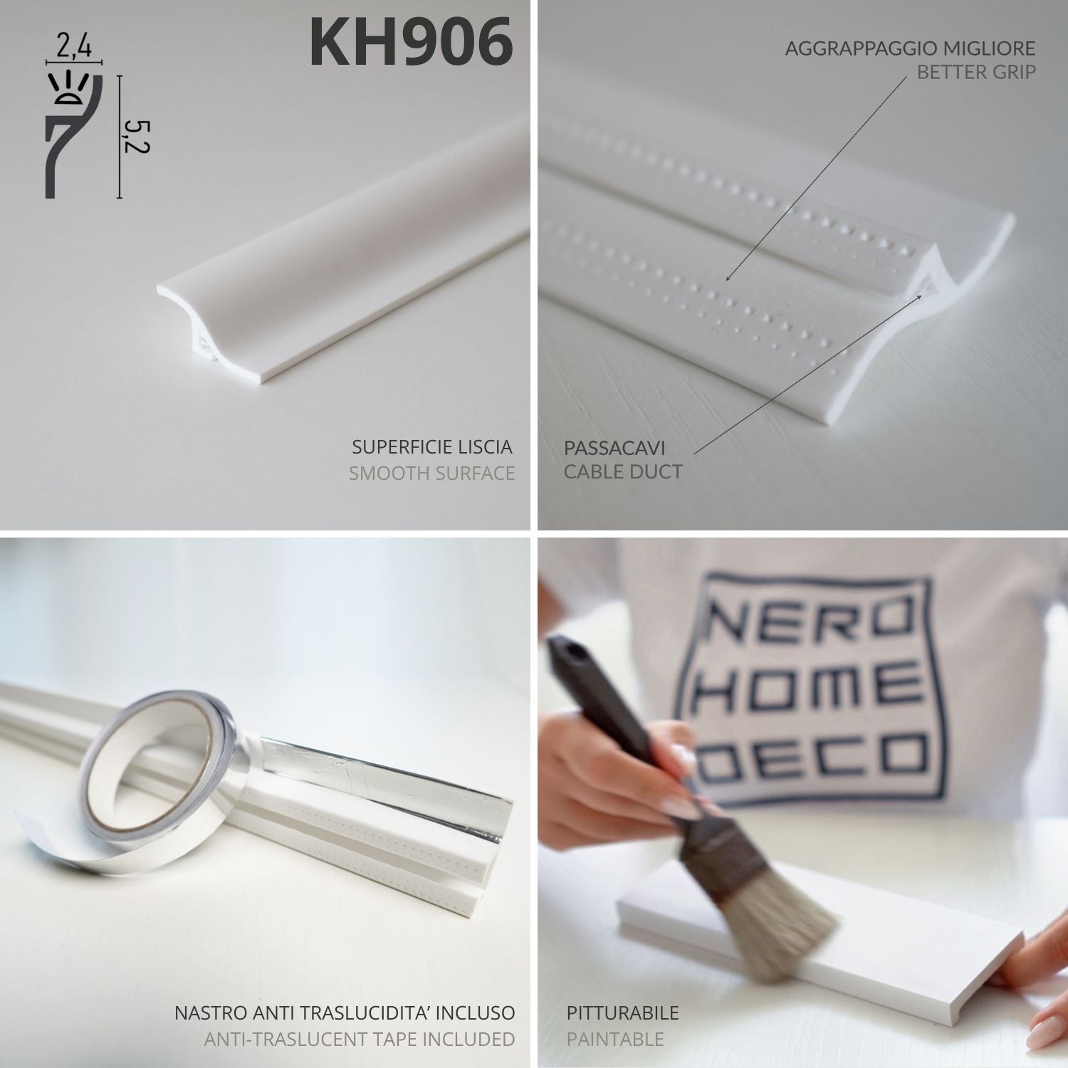 KH906 da 2 metri - Cornici velette per led a soffitto e parete, per illuminazione indiretta con le strisce led