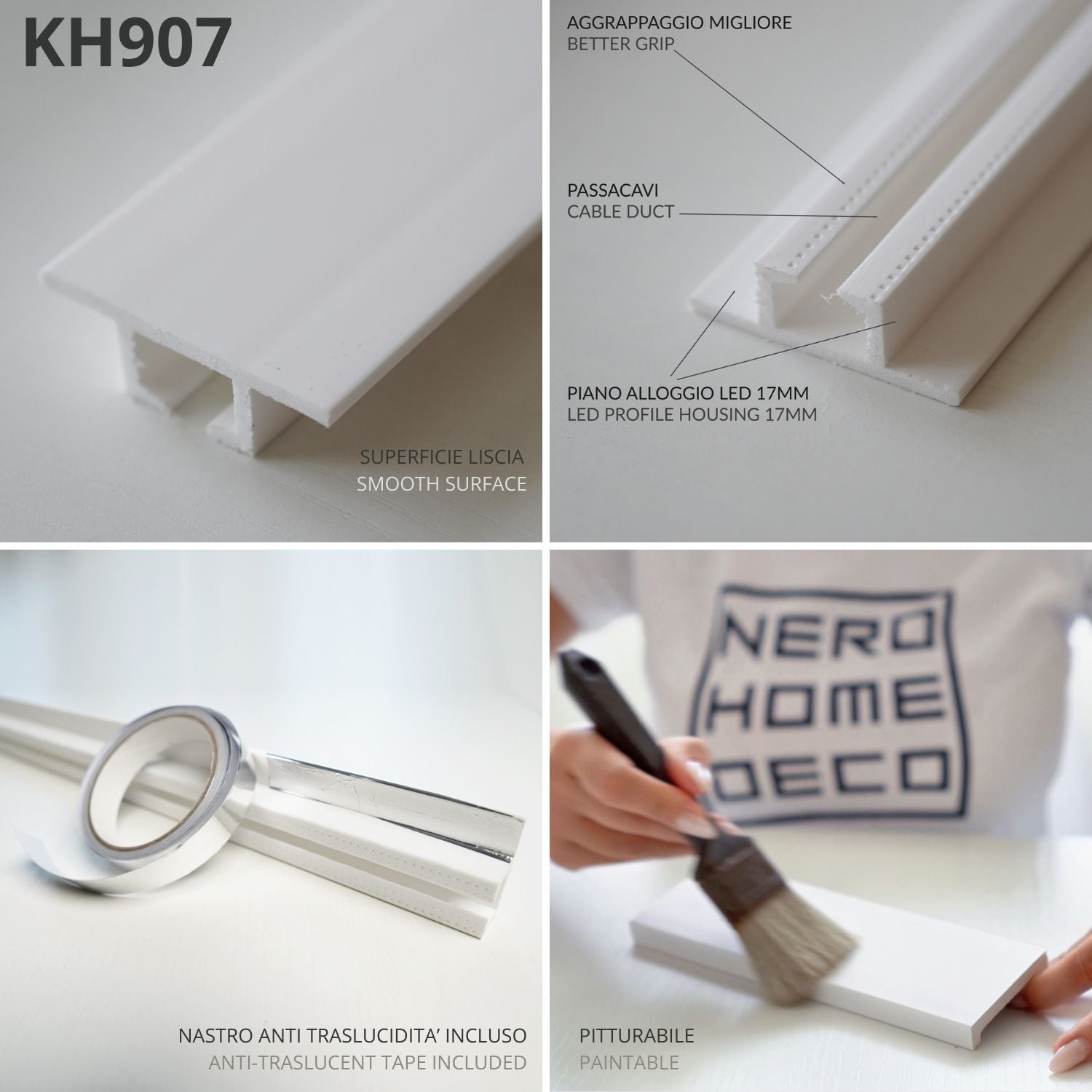 KH907 da 2 metri - Cornici velette per led a soffitto e parete, per doppia illuminazione indiretta con le strisce led