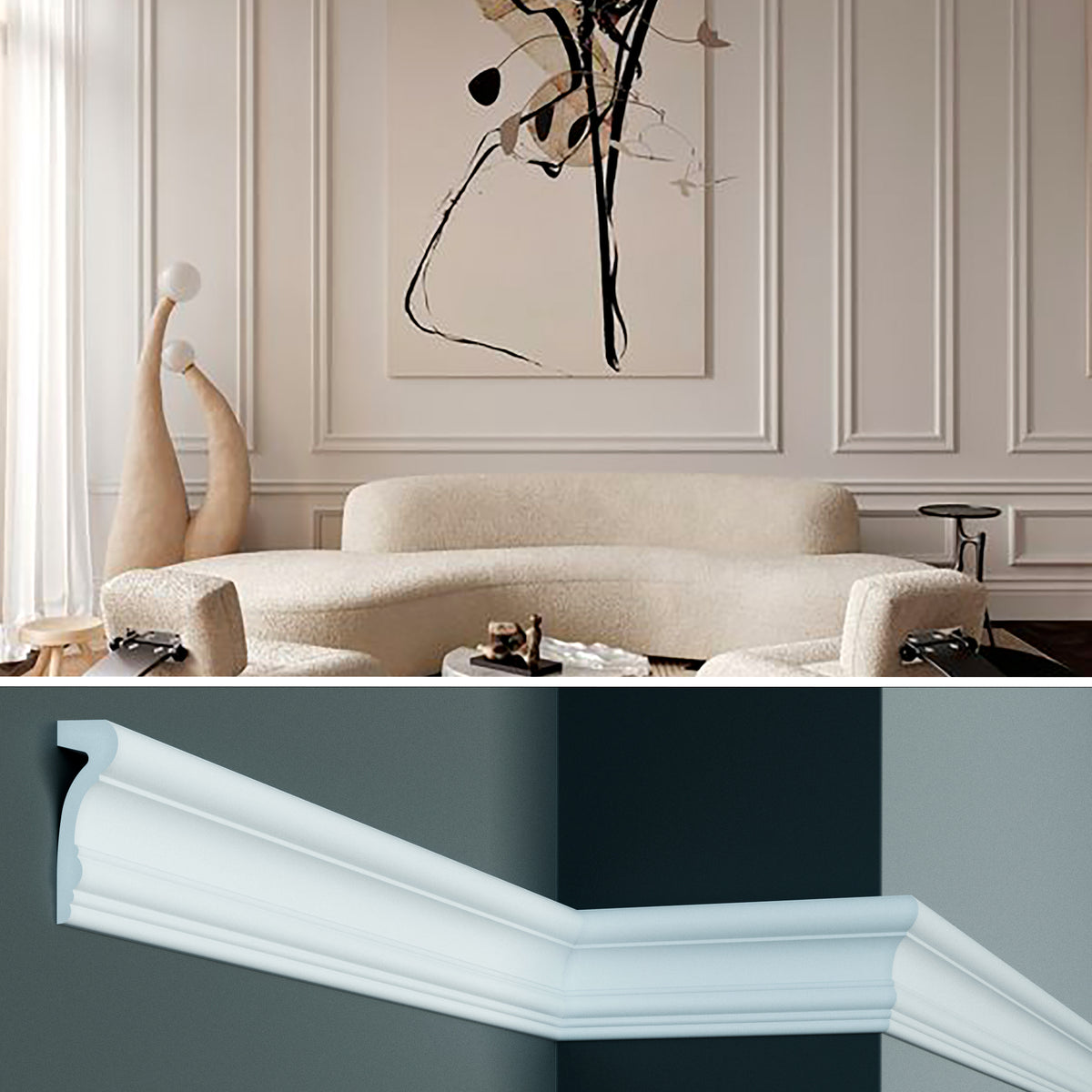 CR816 - Cornici da 2 metri per parete boiserie, profilo decorativo 3d in poliuretano bianco rigido da applicare a muro