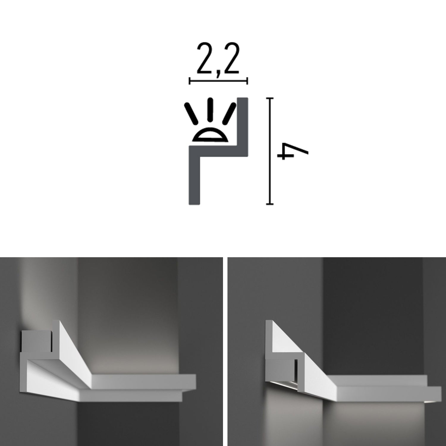 KH902 da 2 metri - Cornici velette per led a soffitto e parete, per illuminazione indiretta con le strisce led