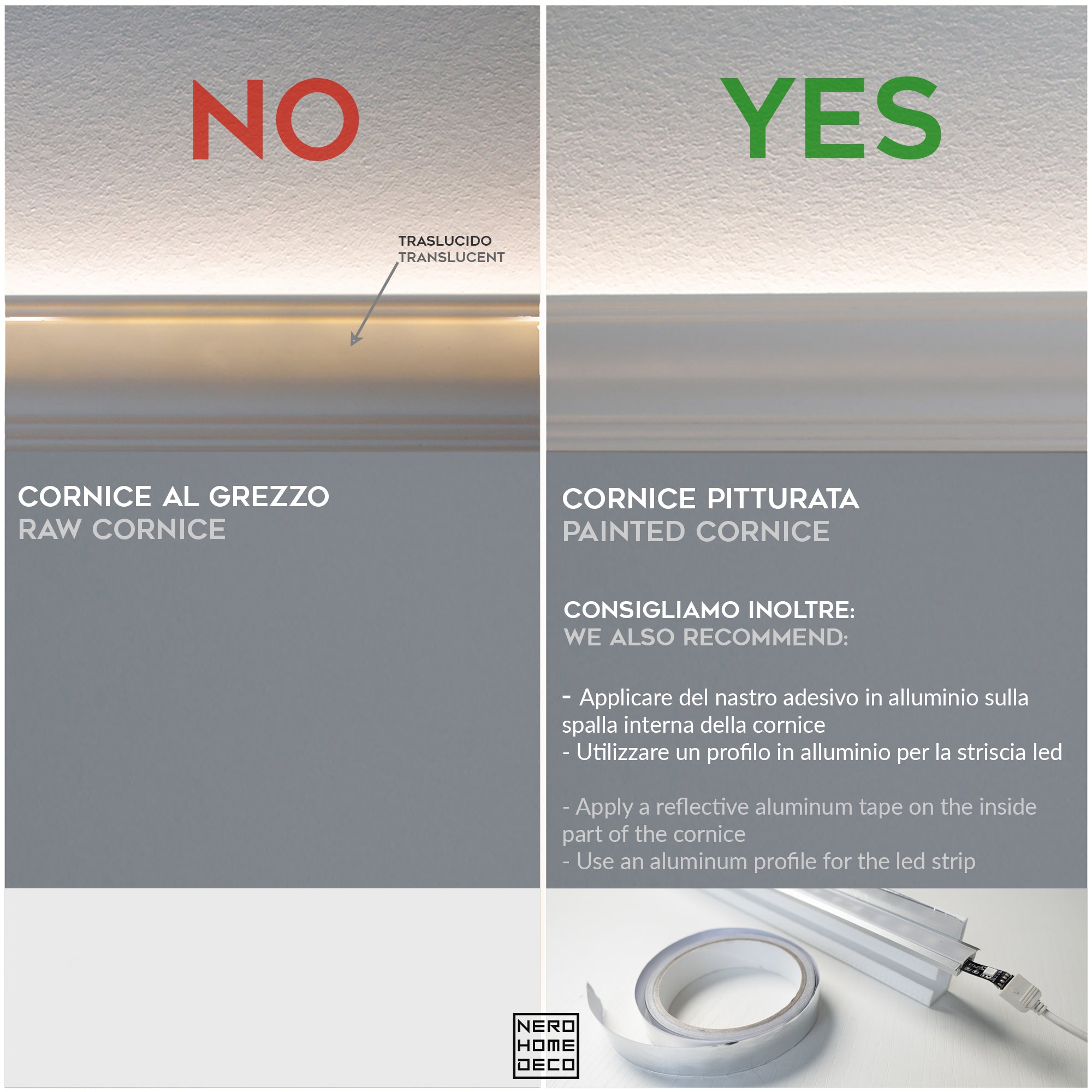 KH902 da 2 metri - Cornici velette per led a soffitto e parete, per illuminazione indiretta con le strisce led